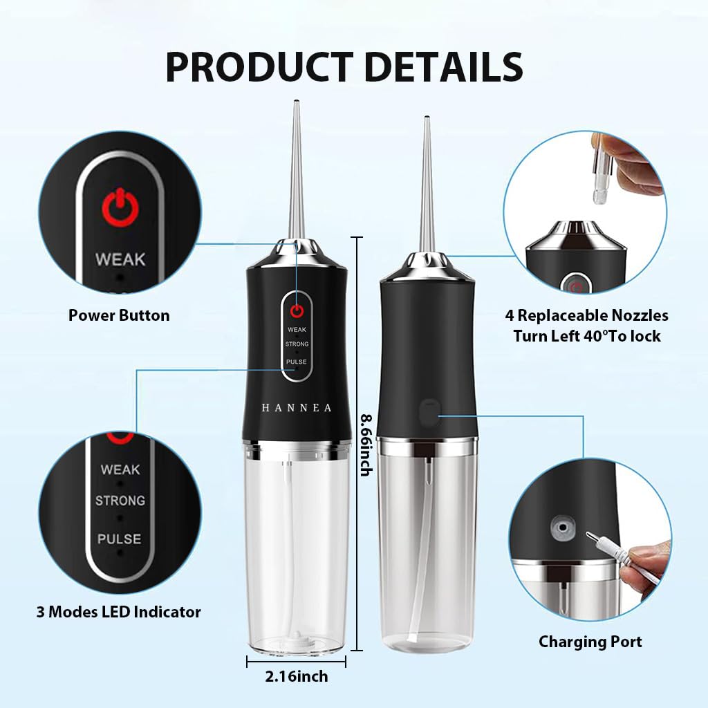 HANNEA Water Dental Flosser for Travel with 220ml Tank and 3 Modes | 4 Nozzles IPX7 Waterproof