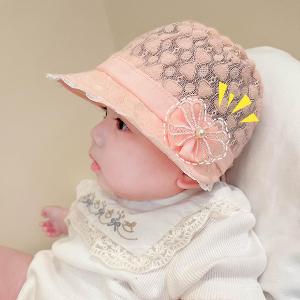 SNOWIE SOFT® Baby Cap 6-12 Months, Adorable Sun Cap for Baby Girl, Summer Hat with Strap Bucket Hat Cute Bow Tie Lace Sun Hat Travel Sun Hat for New Born Baby, Pink