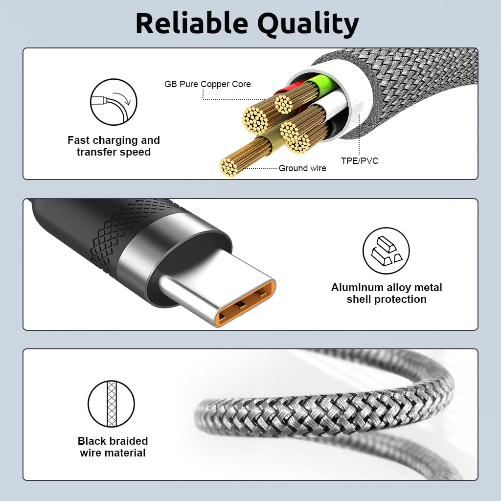 Verilux Type C Charging Cable 10ft 62W PD Fast Charge with Nylon Braid | 480Mbps Data Transfer