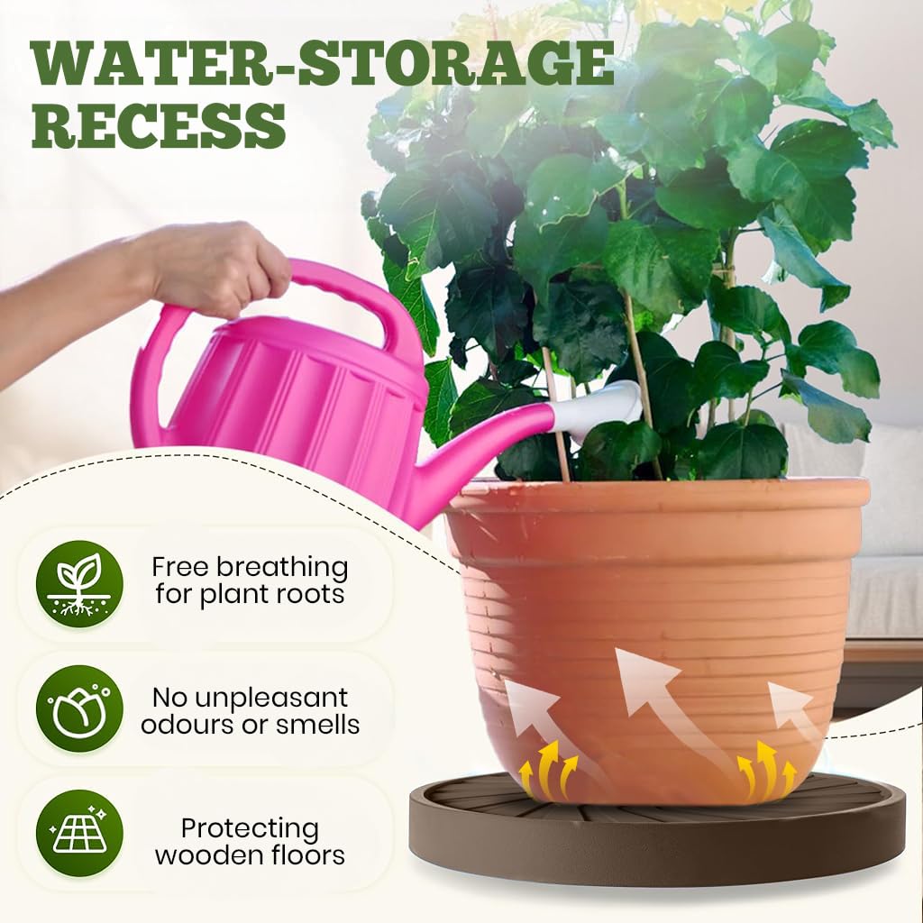 HASTHIP Plant Pot Stand for Indoor and Outdoor Use with 360° Wheels and Spiral Ridged PP Tray | 37 cm Round Brown