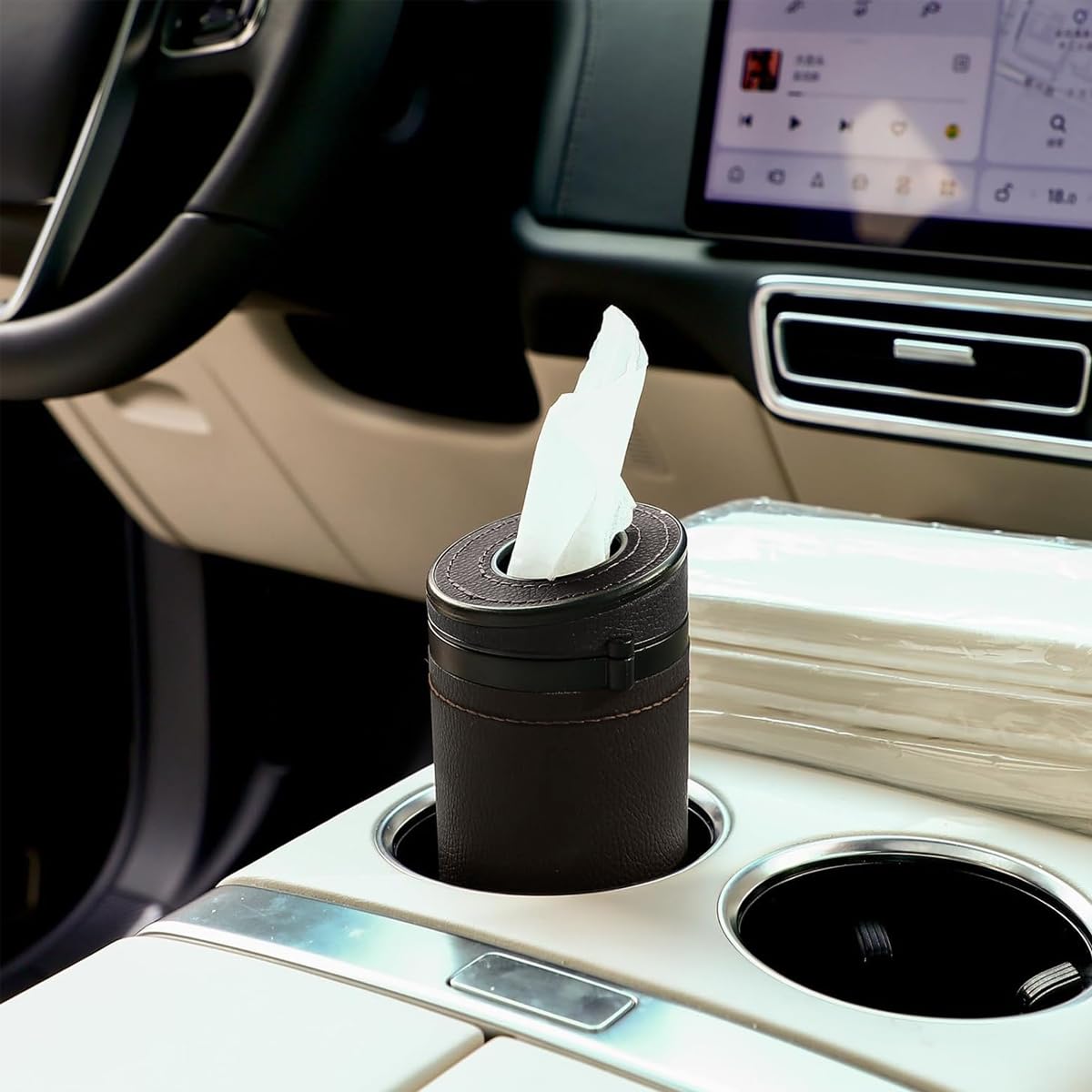 HASTHIP® Car Tissue Paper Holder, Cylinder Tissue Box, 2.75'' PU Leather Round Tissues Container Fit for Car Van Bathroom Office Use, Car Cup Holder Car Tissues Box Car Tissue Holder Car Tissue Tube