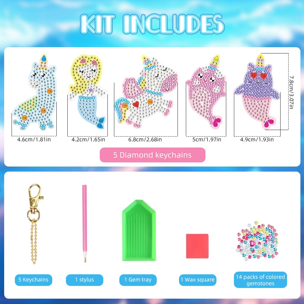 PATPAT DIY Diamond Painting Keychain Kit for Girls with 5 Acrylic Designs | Unicorn and Mermaid Crafts
