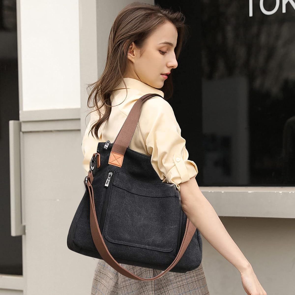 Venzina Handbags for Women with Detachable Strap and Zipper Canvas Tote Bag | Black Crossbody