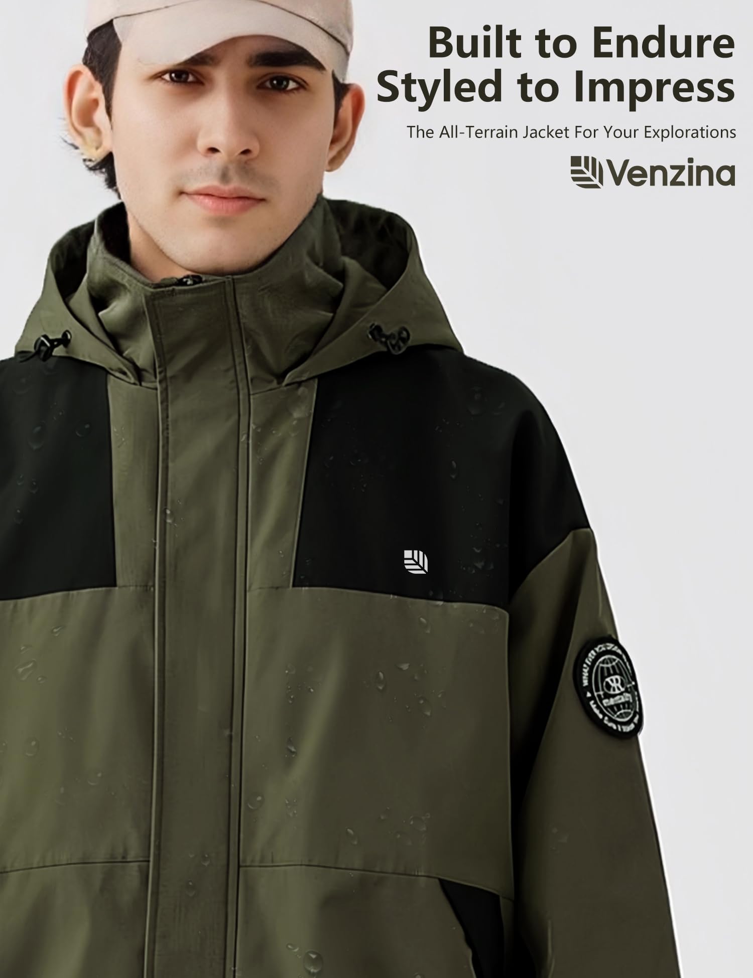Venzina Men's Modular Tech Wear Jacket for Urban Outdoor Style with Waterproof Windproof Shell and Interchangeable Patches in Army Green