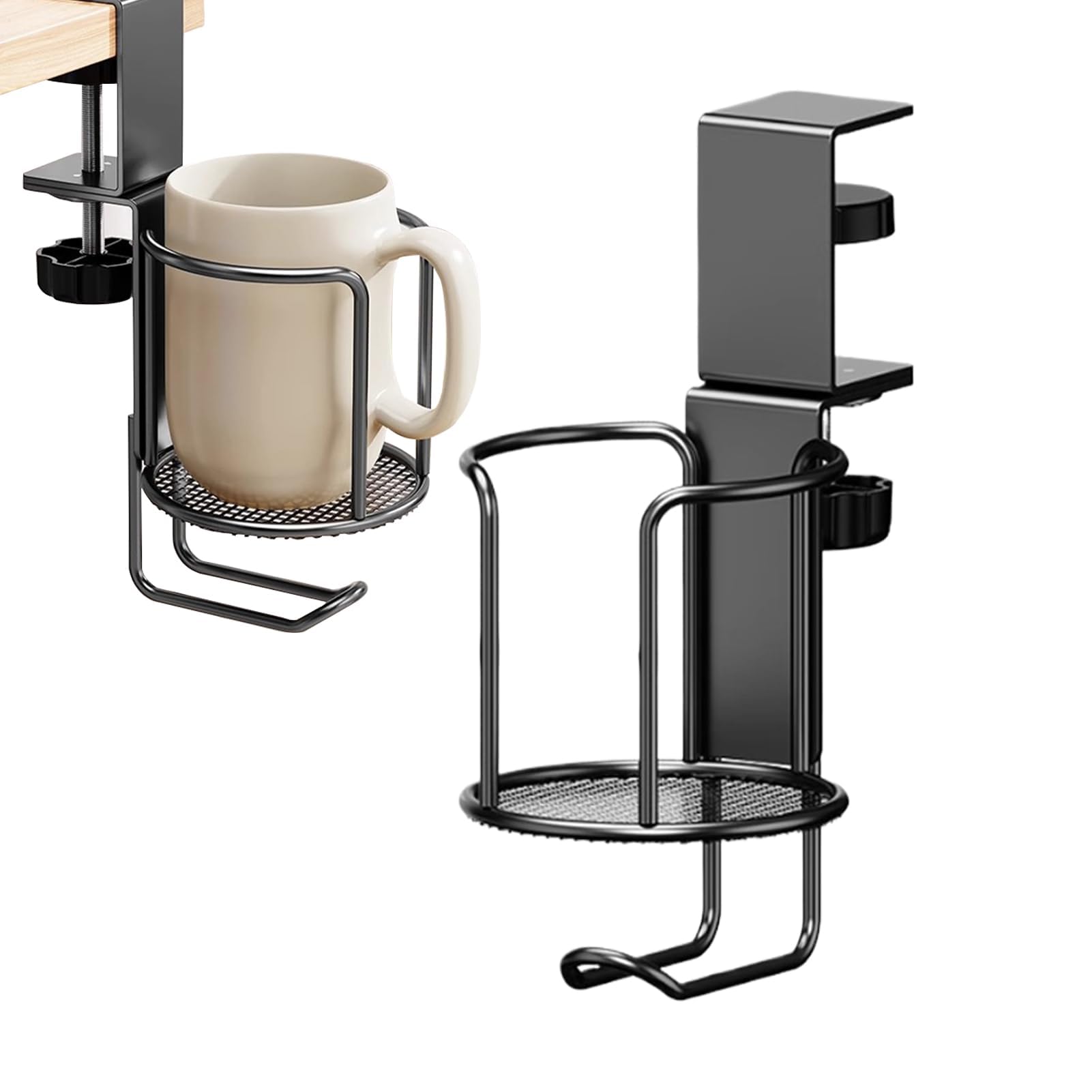HASTHIP® 2 in 1 Desk Cup Holder 360 ° Rotatable Under Desk Metal Wire Cup Bracket with Headset Organizer Rack, No Drill Desk Organizer Water Cup Bottle Holder for Home, Office