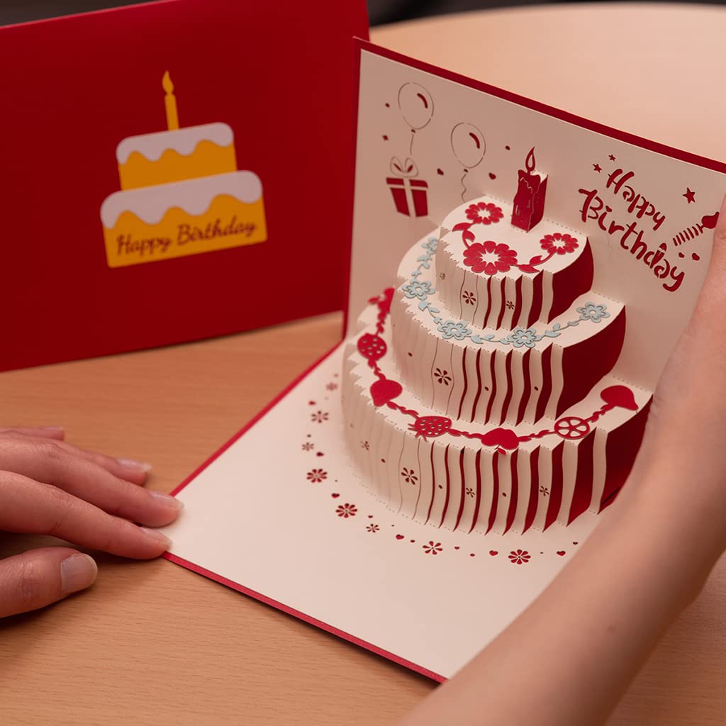 HASTHIP Greeting Card for Birthday with 3D Pop Up Cake Design 15x15cm Red for Mom | Wife