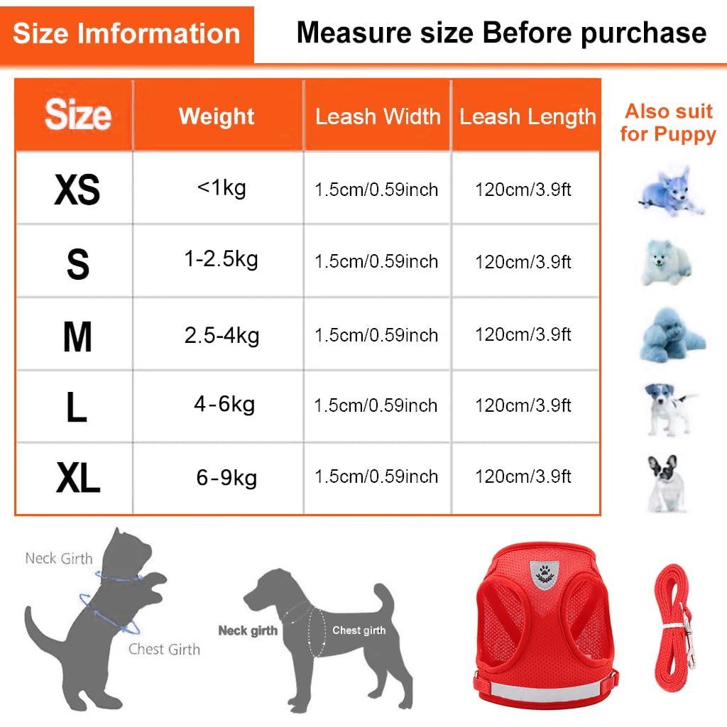 Qpets Cat Vest Harness with 1.2m Dog Leash Adjustable Size Dog Vest Harness Breathable Mesh Fabric with Safety Reflective Strip Dog Harness for Cat(S, red)