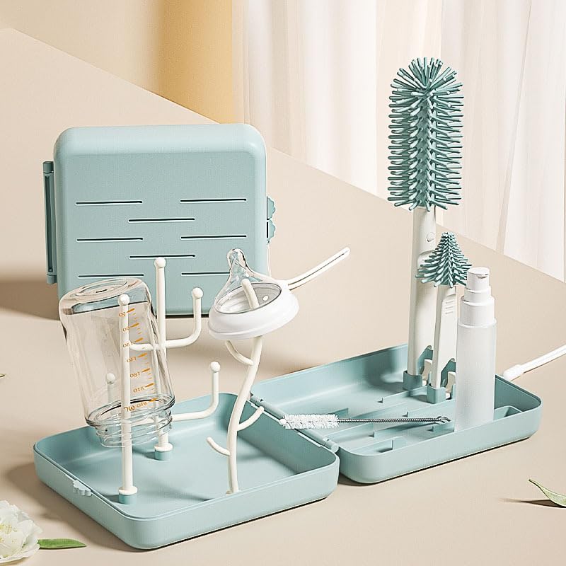 ZIBUYU Baby Bottle Cleaning Brush Set 6 in 1 with Storage Case & Soap Dispenser | Silicone for Travel and Home