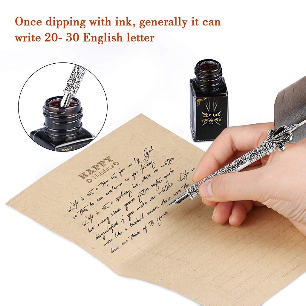 ELEPHANTBOAT® Black Feather Calligraphy Pens Set,Quill Pen Writing Ink Set Stationery Gift Box with 5 Nibs and Ink,Gifts for Women & Girls