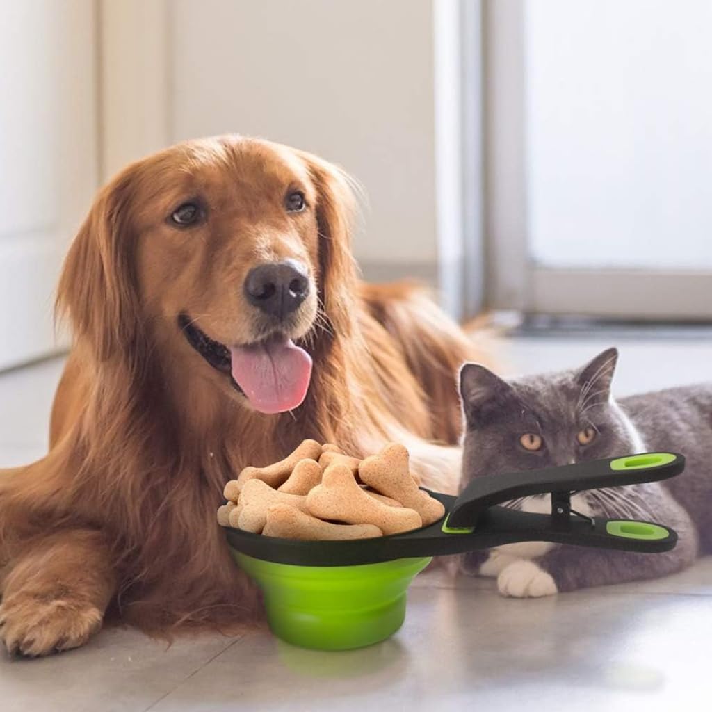 Qpets Silicone Dog Food Scoop for Feeding | 237ml Collapsible Bowl with Sealing Clip and Ergonomic Handle