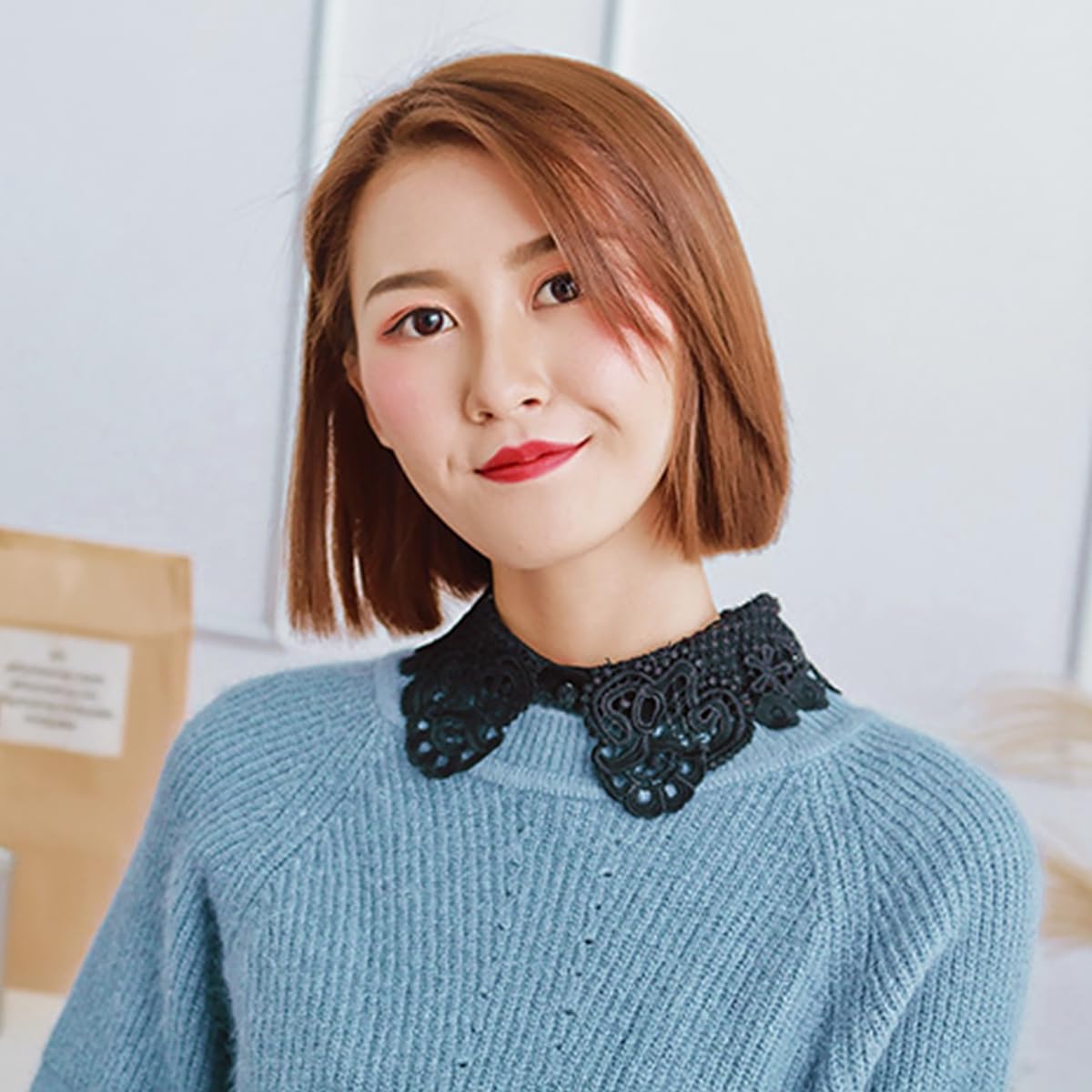 PALAY Lace Fake Collar for Women featuring 4 Button Design and Nylon Yarn Material | Elegant Black Detachable Half Shirt Dickey