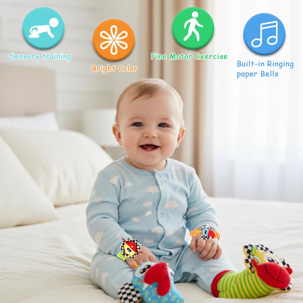 SNOWIE SOFT Baby Rattle Socks and Wristbands for Infant Play with Soft Cotton Plush Toys | Sensory Development Gift