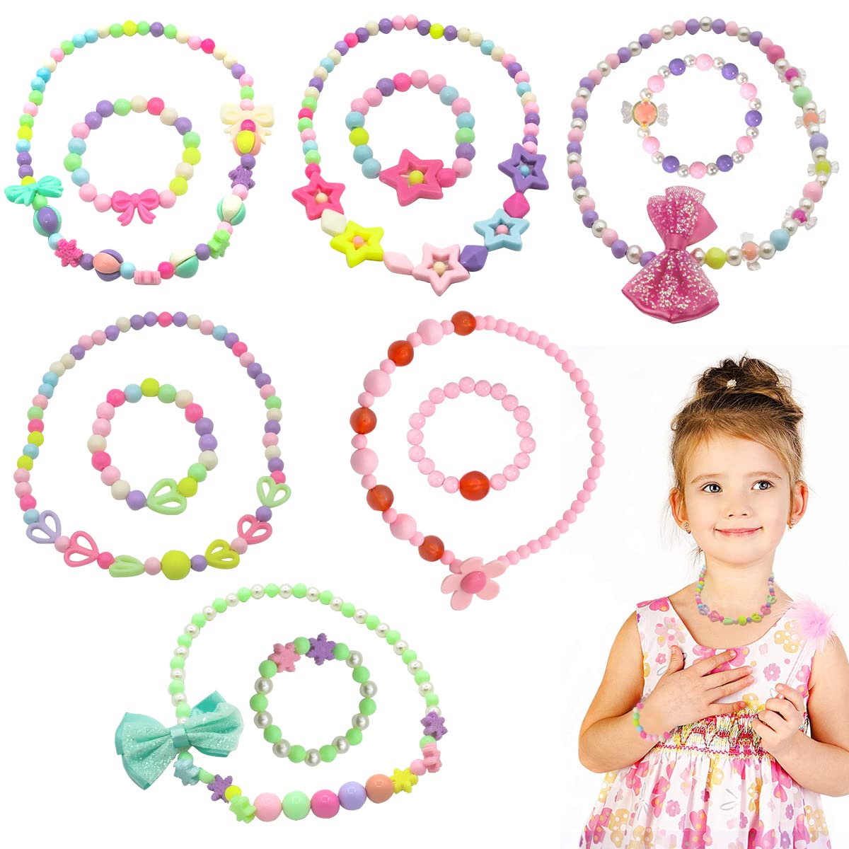 SANNIDHI® 12 Pcs Beaded Necklace Bracelet Set for Girls Combo Jewelry Set Stretch Beads Bracelets Necklaces for Girls Kids Baby Toddler Gift Princess Party Dress Up Cosplay Accessories