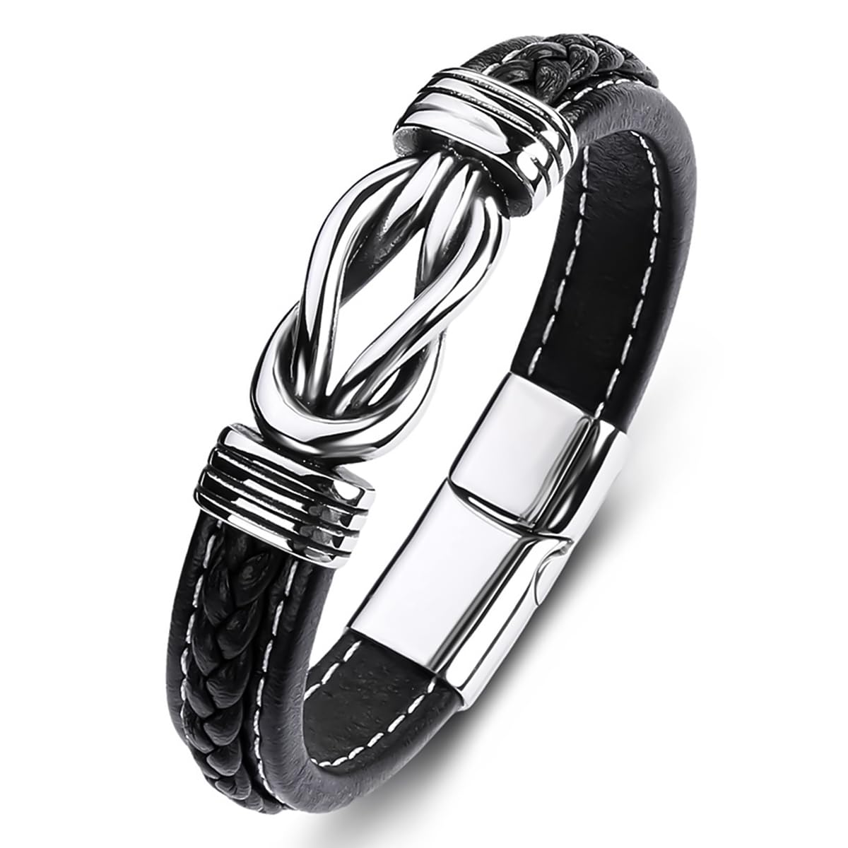 SANNIDHI Fashion Leather Bracelet for Men Titanium Steel Twist Ring Leather Hoop Bracelet with Clasp 7.87 inches Black Leather Hoop Bracelet Men's Accessories Jewellery for Unisex Christmas Gifts