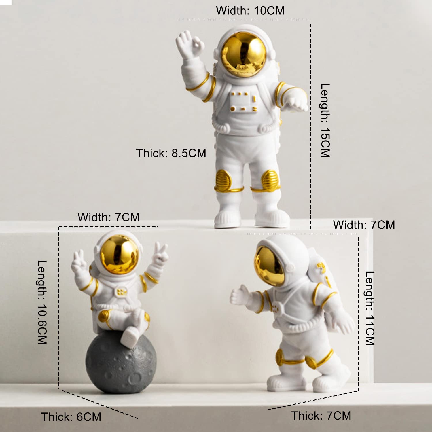 ELEPHANTBOAT Astronaut Desk Figurine Set for Office Decor with 3 Pcs PVC Spacemen | White Mini Ornaments for Home and Study Table