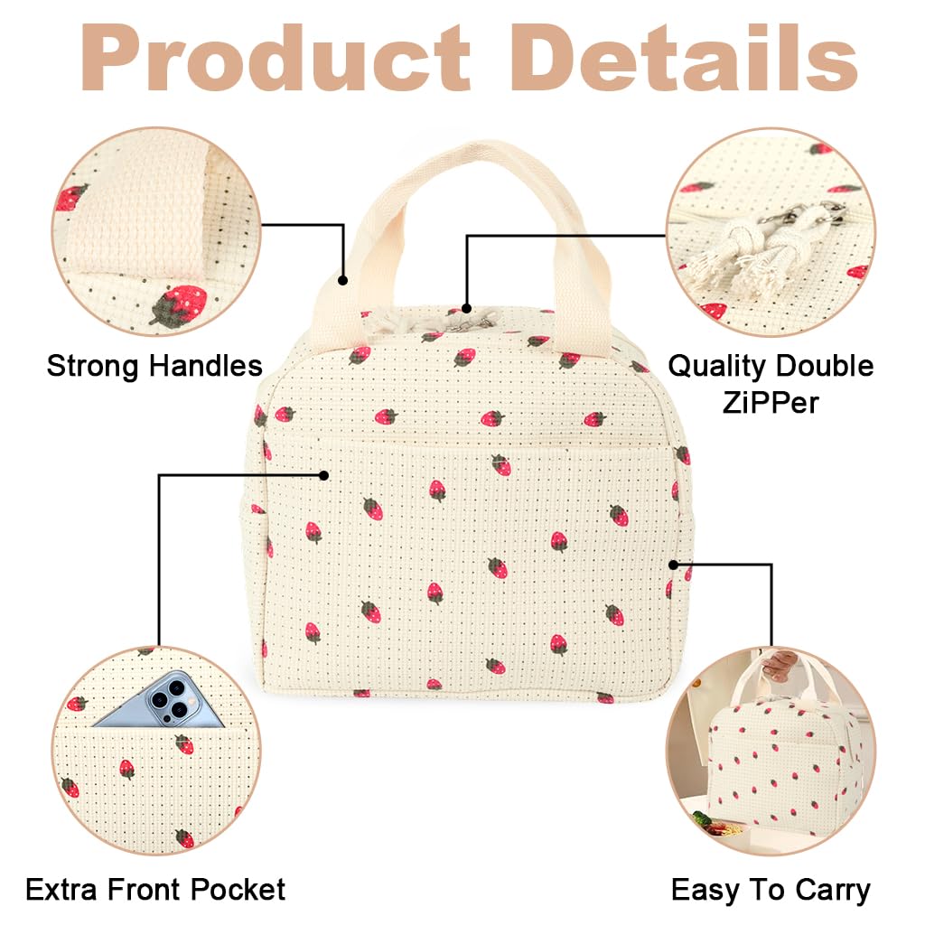 HASTHIP Insulated Lunch Bag for Office with Dual Zipper and 25.5x21x17cm Capacity | Corduroy Strawberry Design