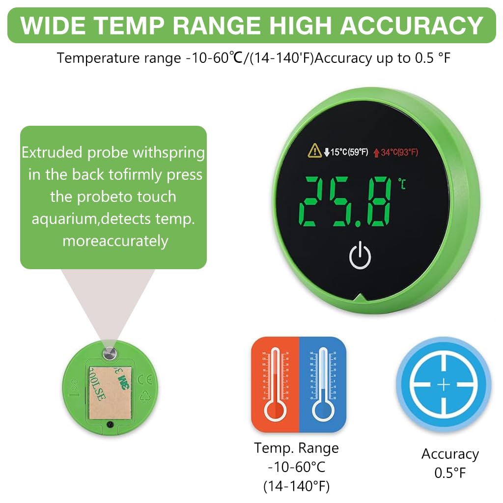Qpets Digital Aquarium Thermometer, Precision LED Aquarium Thermometer, Self Adhesive Aquarium Digital Thermometer for Tropical Fish Tanks, 15°C/34°C - High/Low Temperature Alarm