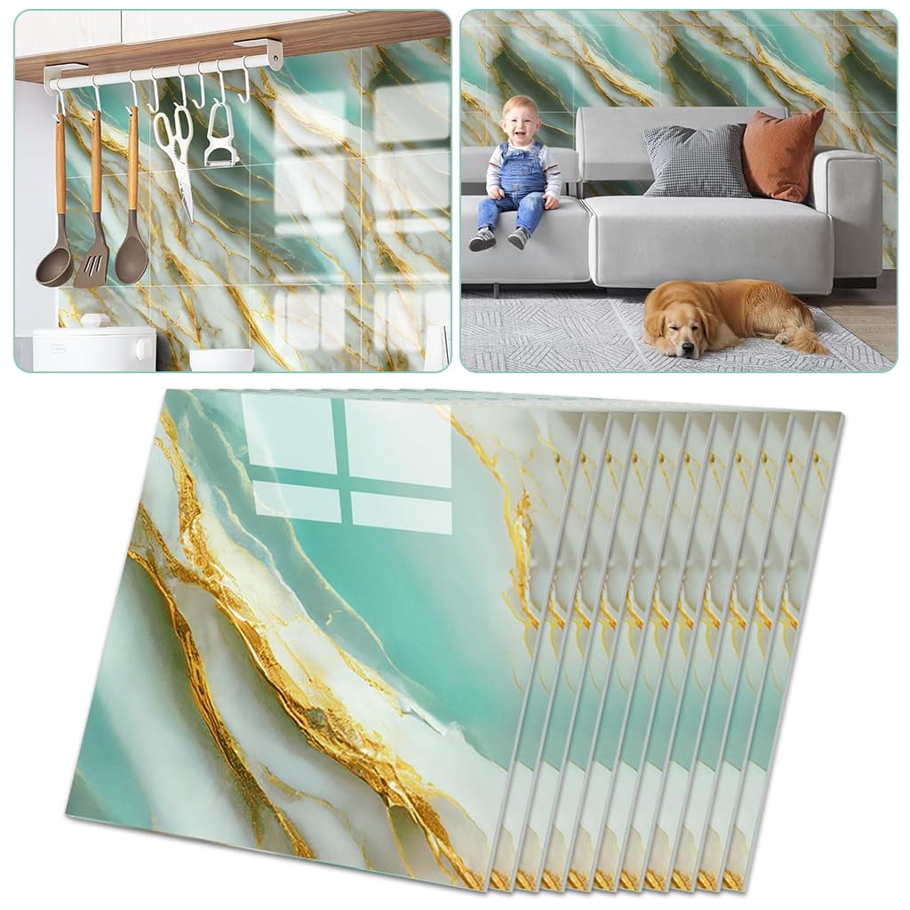 HASTHIP Wall Decorative Stickers for Home Decor with Tin Foil Adhesive Backing | 10 Pcs 11.8 in Square Marble Pattern Waterproof Tiles