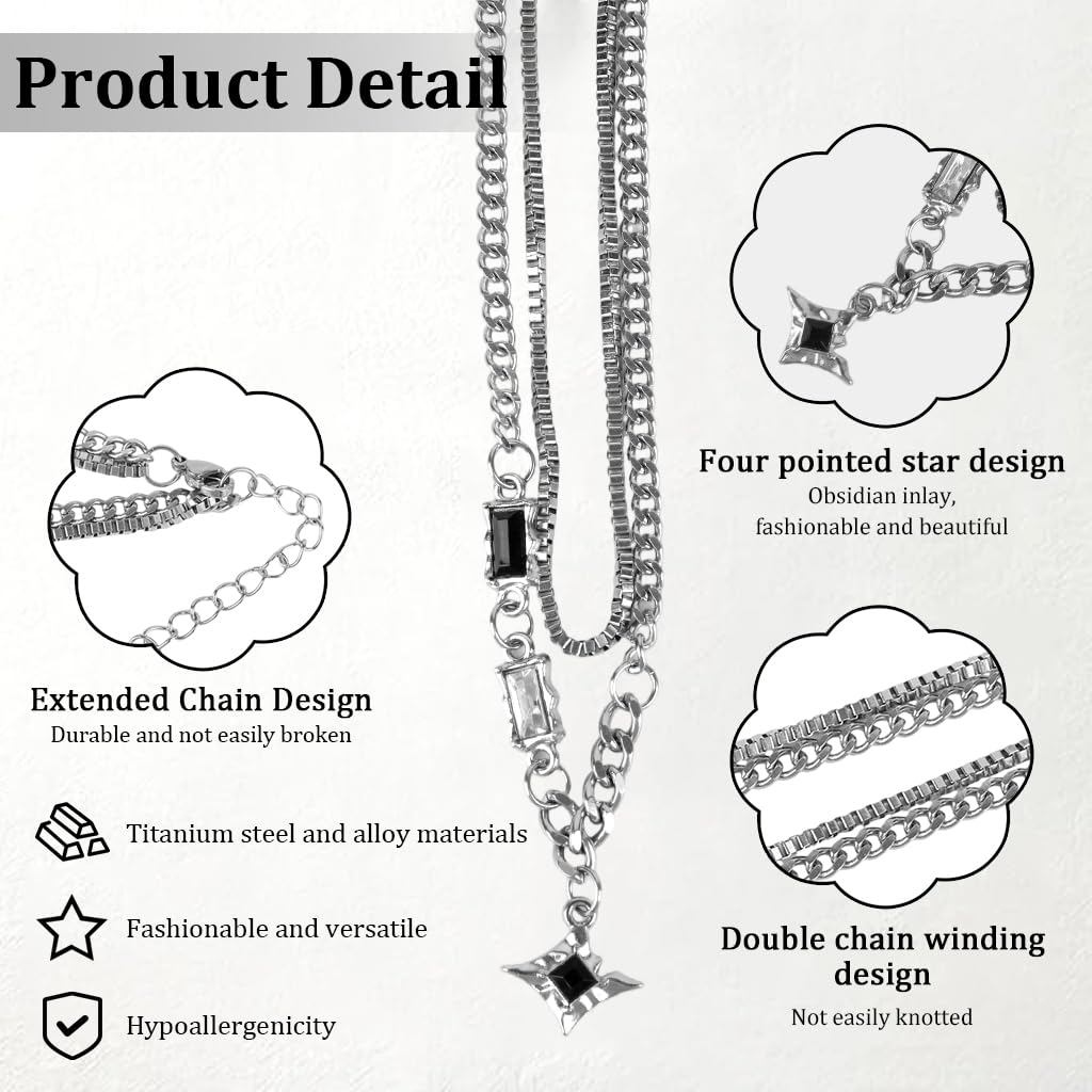 ZIBUYU Layered Chain Necklace with Sparkling Black Stone for Unisex Gothic Punk Style