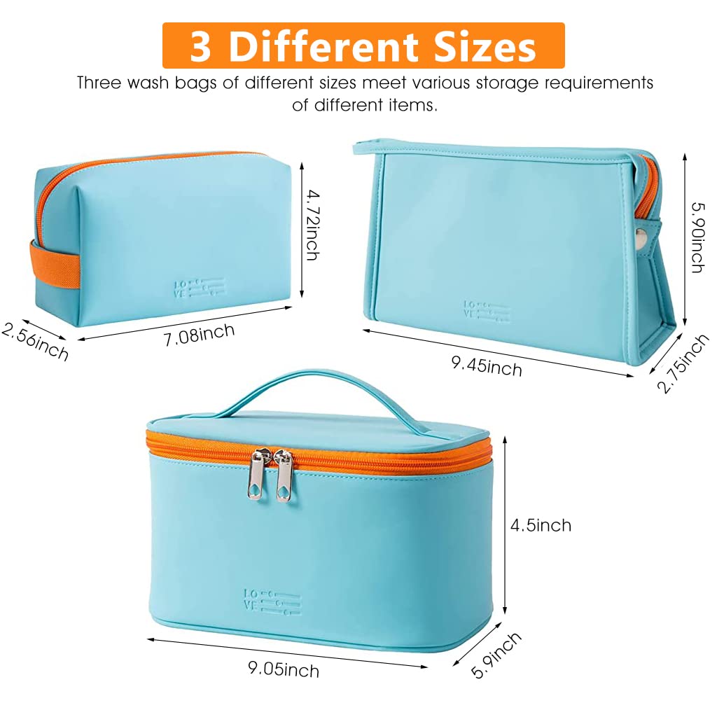 ZIBUYU Makeup Organizer Bag for Travel and Home with Waterproof PU & Zippered Pouch Set 3 Piece | Blue Cosmetic Bags for Women