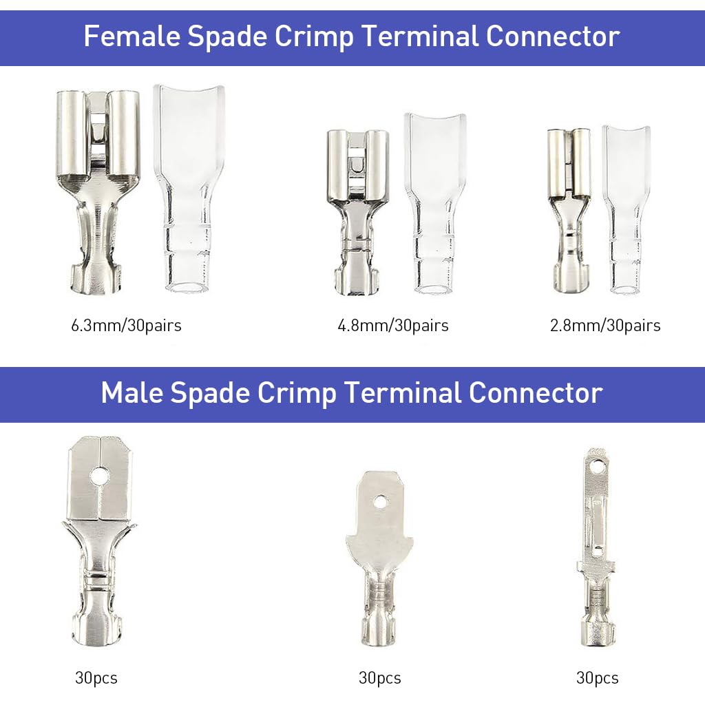 Serplex® 270Pcs Terminal Connectors Kit Assorted Sized Electrical Wire Connectors 2.8mm/4.8mm/6.3mm Paired Male & Female Spade Spade Connectors Wire Crimp Terminal Blocks with Insulating Sleeves