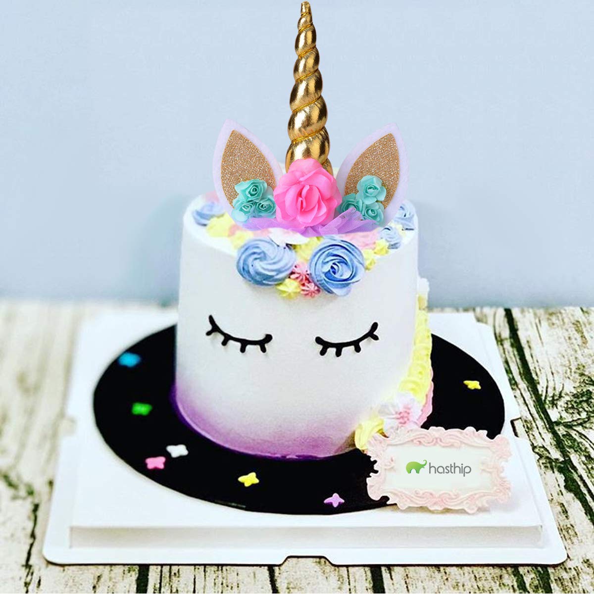 HASTHIP Unicorn Cake Topper for Birthday & Baby Shower featuring 5.7 in Gold Horn | Reusable Set