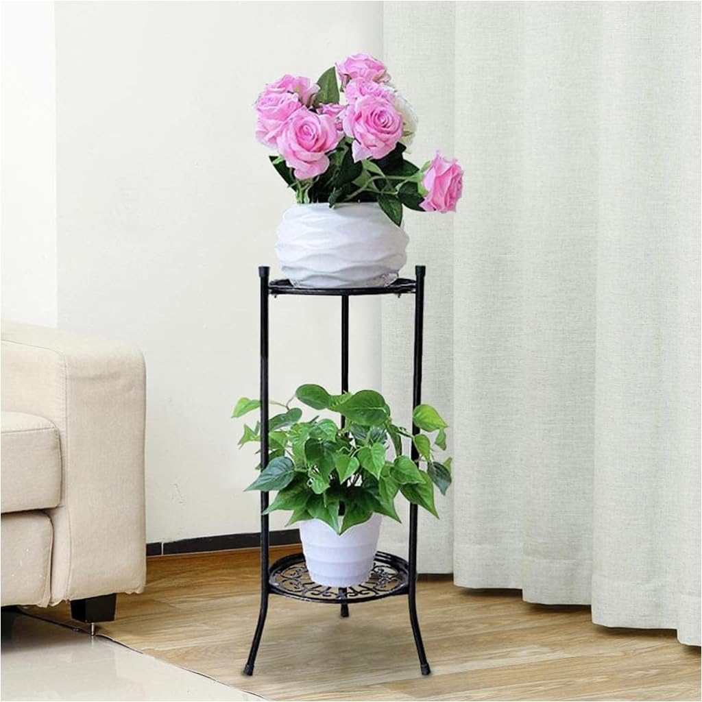 HASTHIP Double Layer Plant Stand for Indoor and Outdoor Use featuring Hollow Out Trays | 60cm Metal Holder in Elegant White