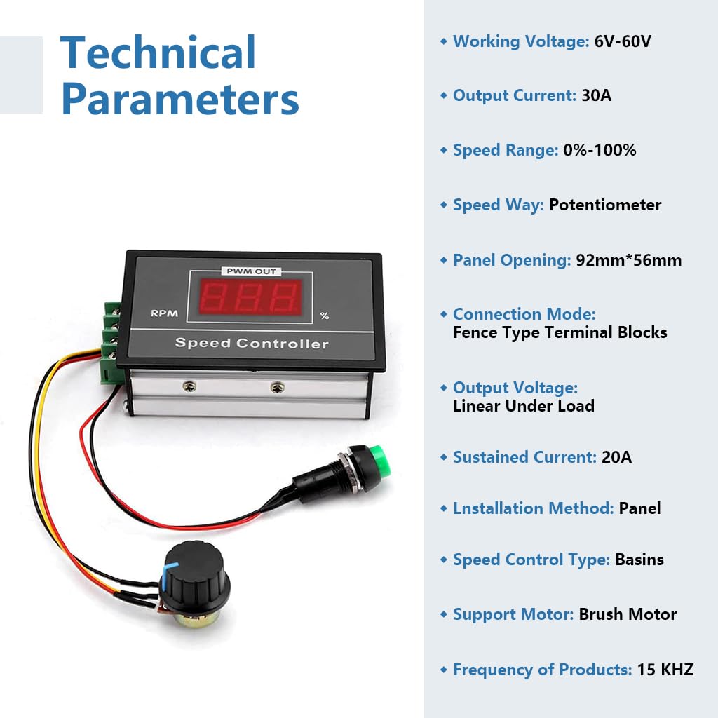 Serplex PWM DC Motor Speed Controller 6V 60V 30A with Digital Display and Start Stop Switch | Stepless Speed Adjustment for Precise Control