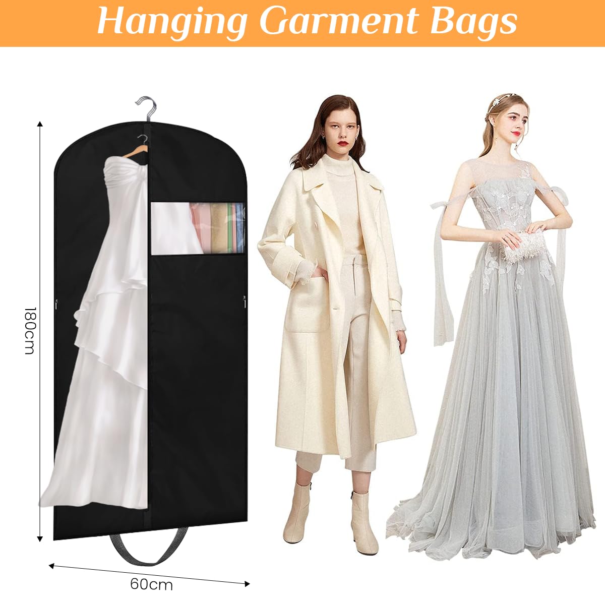 HASTHIP® Wedding Dress Dustproof Cover 1.8m Long Protective Cover Portable Garment Bag Dustproof Cover for Dress, Wedding Dress, Evening Dress Wardrobe Hanging Dustproof Cover