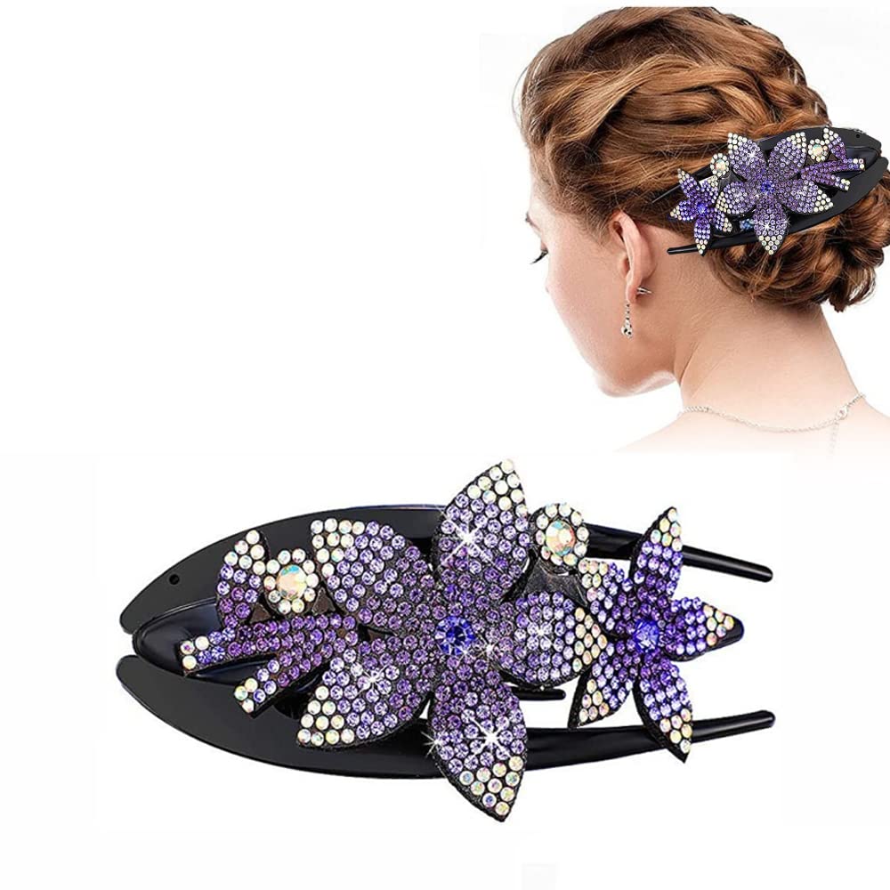 PALAY Purple Dovetail Hair Clips for Elegant Hairstyles with Rhinestone Floral Design | Ideal for Weddings and Daily Wear