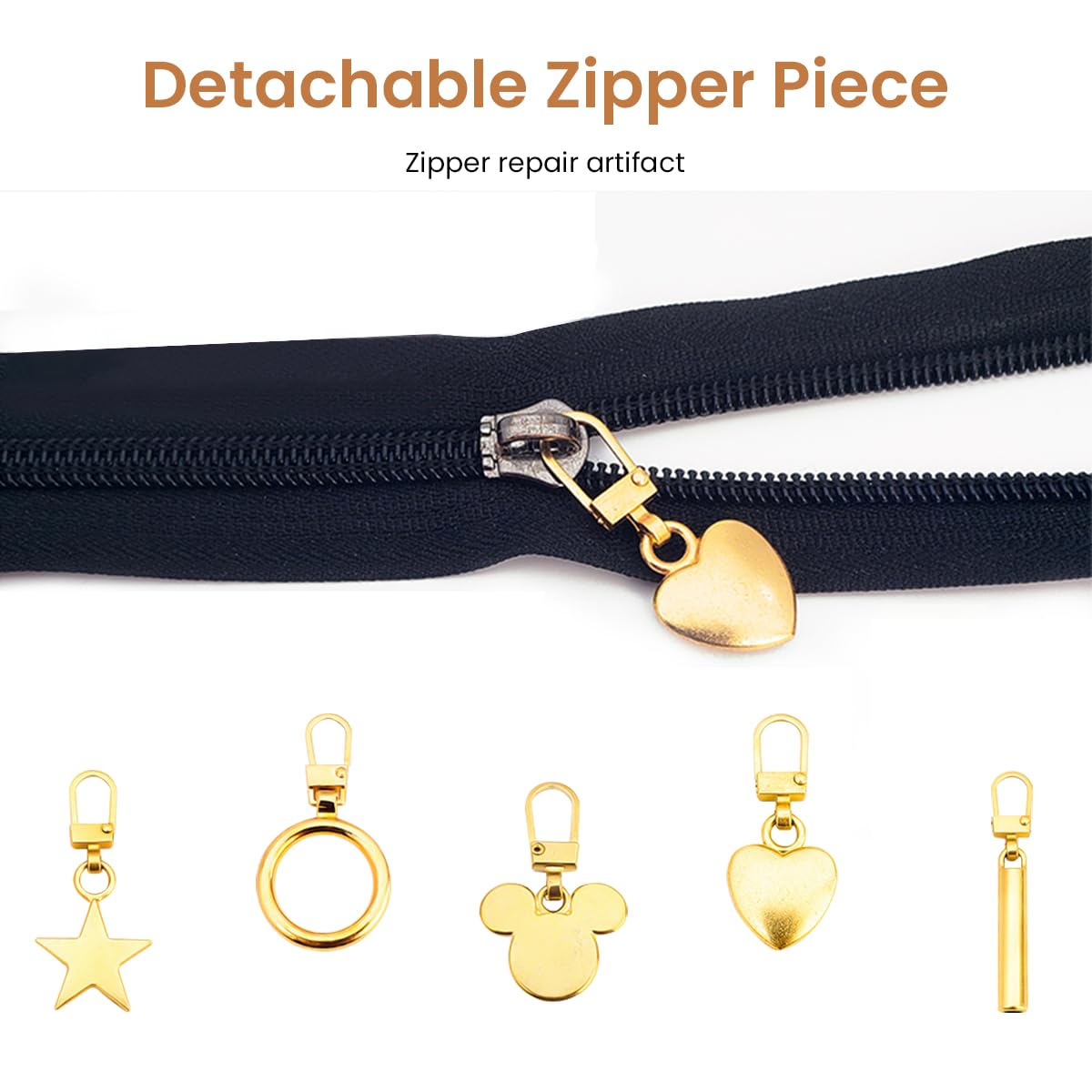 HASTHIP Metal Zipper Pull Replacement Set for Bags and Jackets with 9 Styles Gold Finish | 10pcs