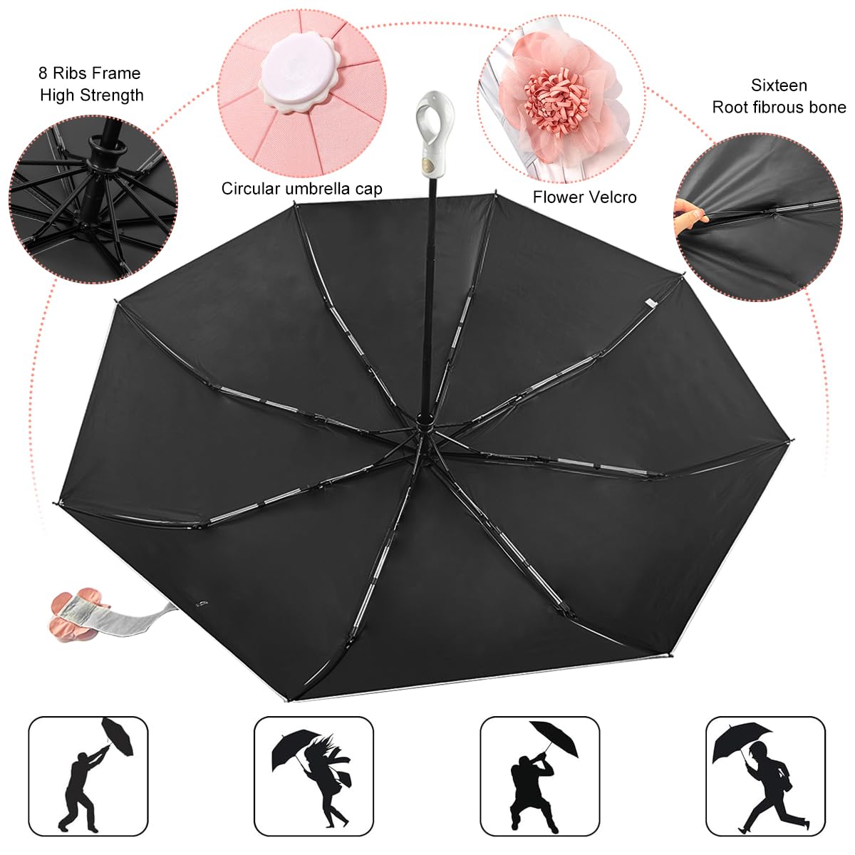 ZIBUYU Folding Umbrella for Sun and Rain with UPF 50+ & 8 Fiber Ribs | Lightweight Purple Travel Design