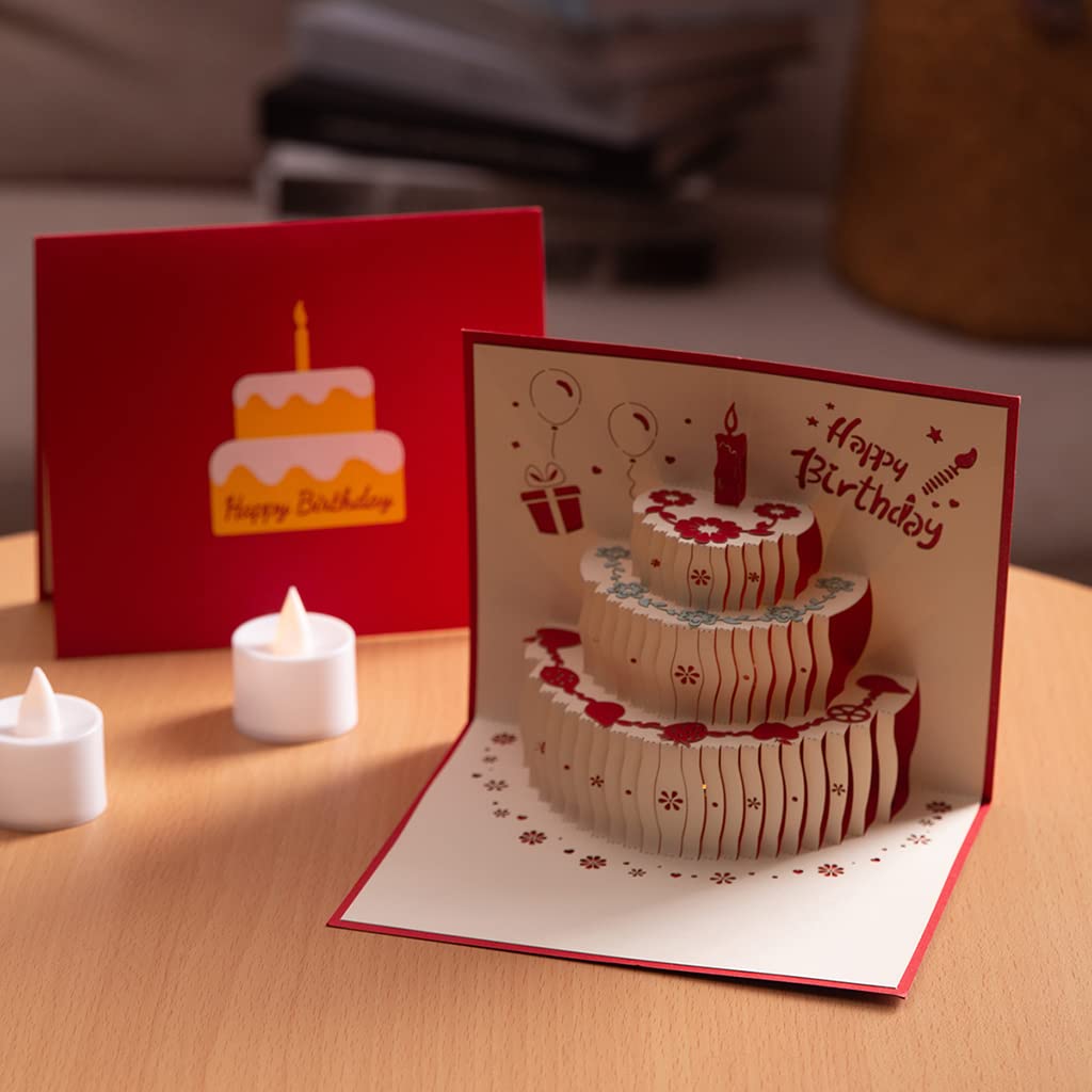 HASTHIP Greeting Card for Birthday with 3D Pop Up Cake Design 15x15cm Red for Mom | Wife