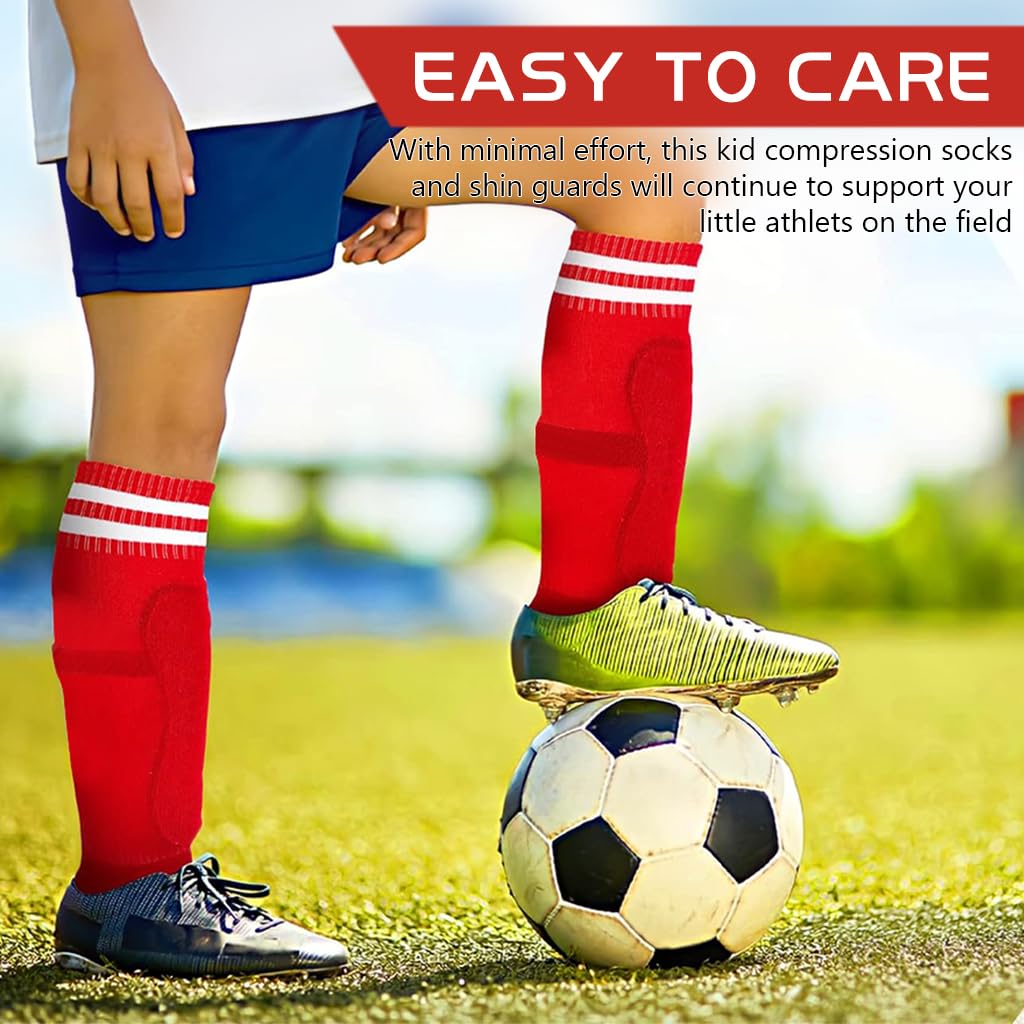 Proberos Football Shin Guards and Sock Set for Kids featuring 13.5 in Knee High Compression Socks | Red