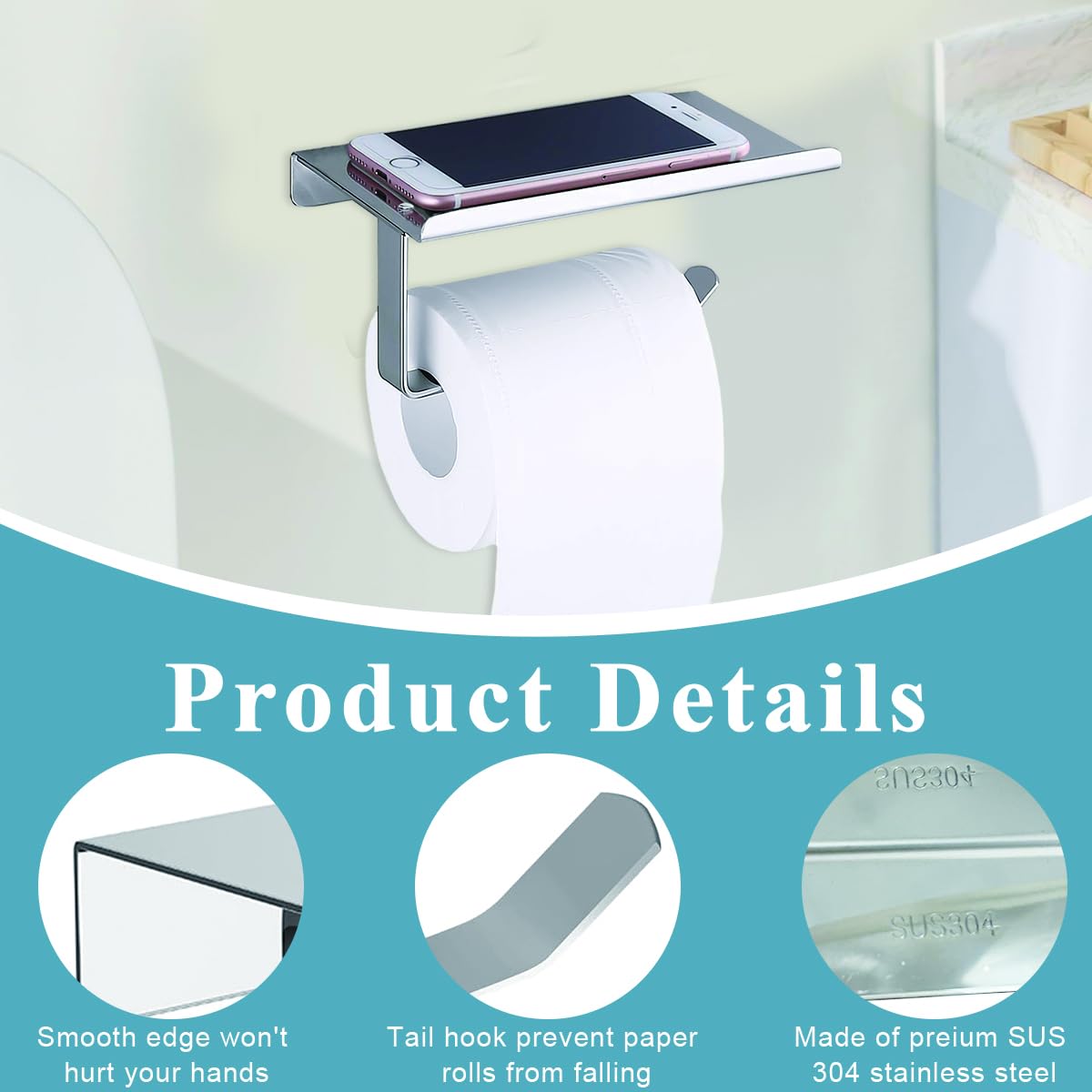 HASTHIP® Toilet Paper Holder Shelf - Wall Mounted Stainless Steel Toilet Paper Holder with Phone Shelf, Toilet Paper Roll Holder for Bathroom Accessories (Sliver)