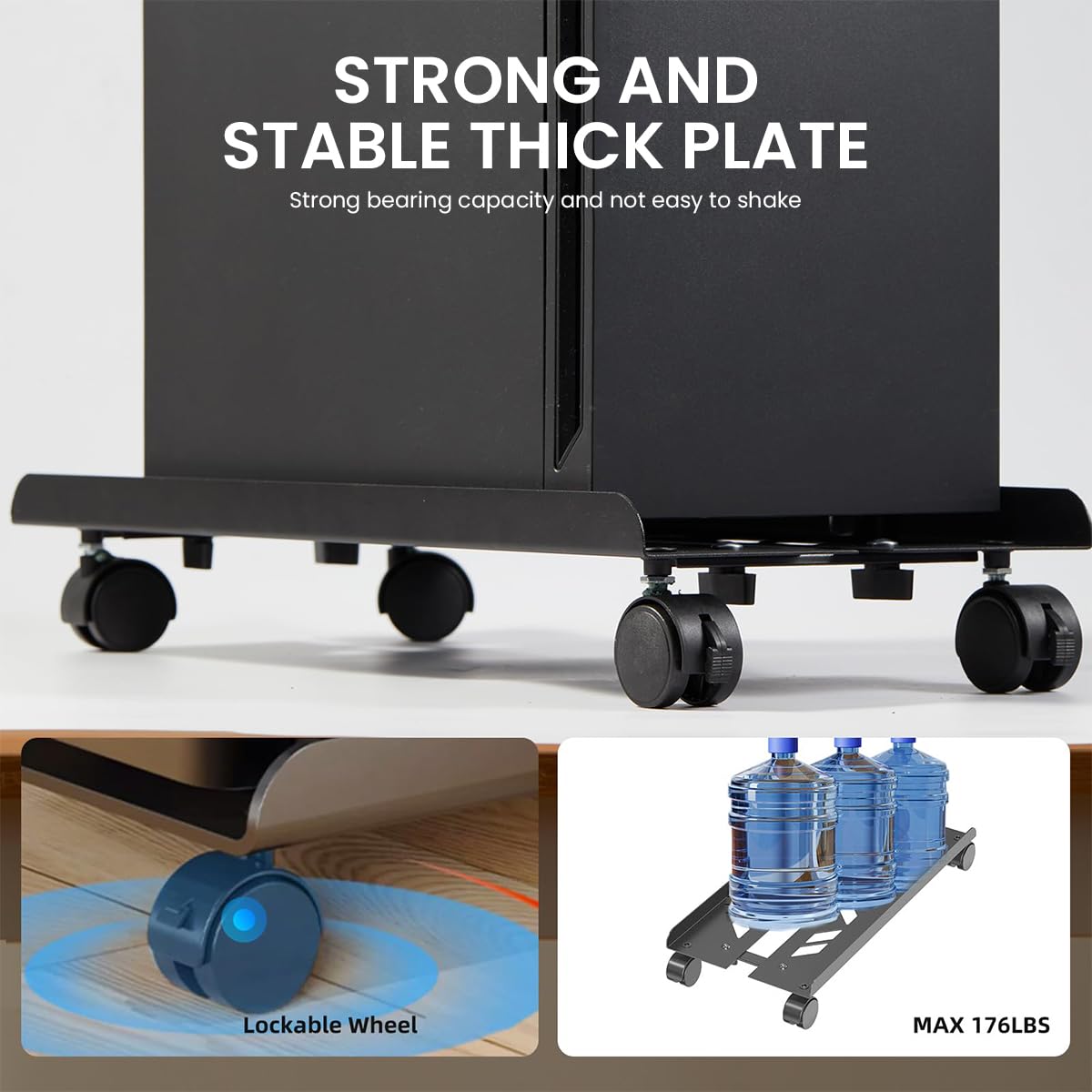 Adjustable Mobile CPU Stand for Home and Office with 4 Lockable Wheels and Ventilated Tray | Carbon Steel Riser Supports 88 lbs