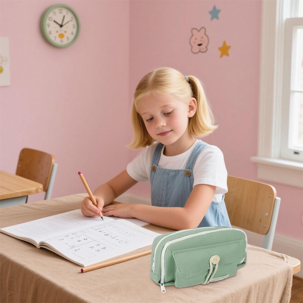 Zibuyu Pencil Pouch for School and Office with Double Layer Zip-Up Design | 21x11x7.5cm Green Canvas