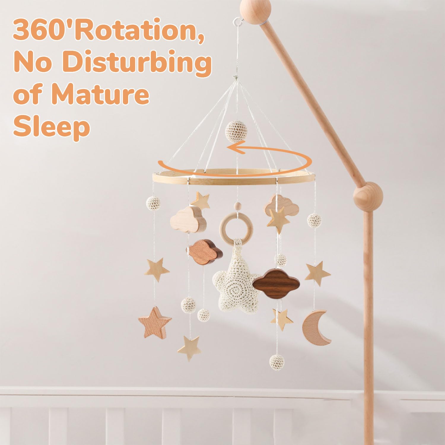 SNOWIE SOFT Wooden Wall Mounted Baby Mobile Arm with Movable Ring and 49.5 in Reach | Beech Crib Holder