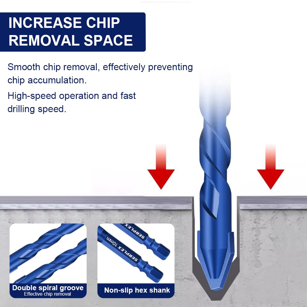 Serplex Drill Bits Set for Glass Marble Cement and Concrete 4Pcs 6mm–12mm with 1/4 inch Hex Shank