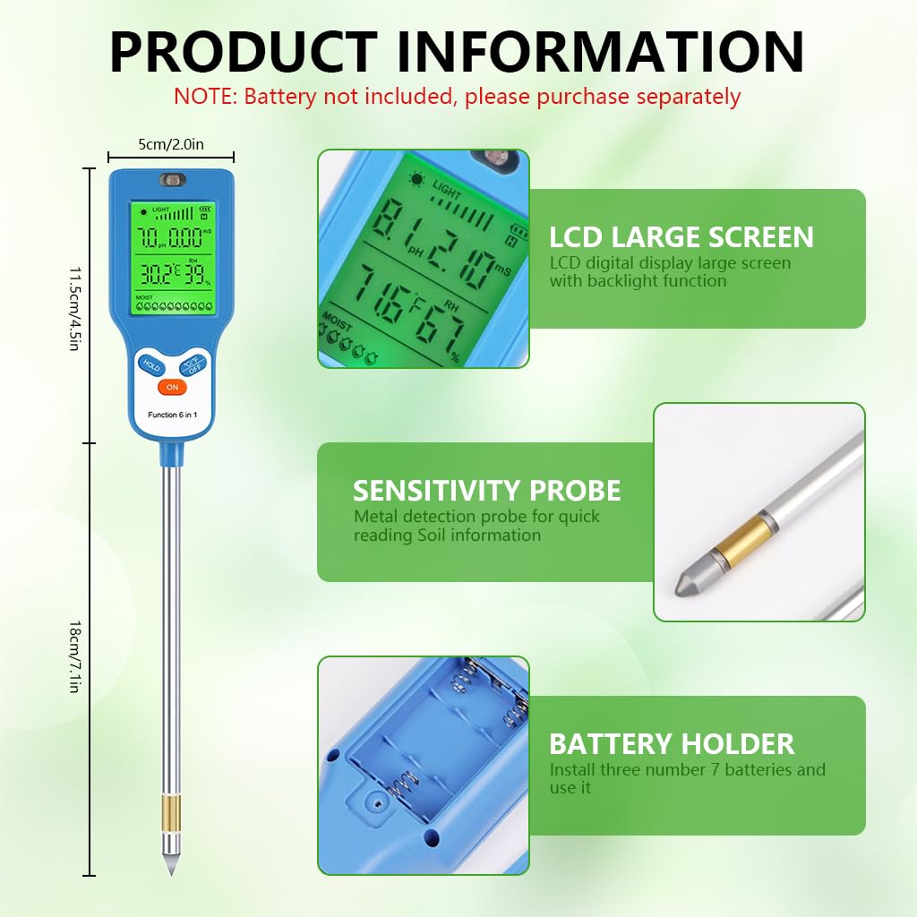 Serplex Soil Tester for Gardening with 6-in-1 pH Moisture and Light Sensors | Rotating LCD Display