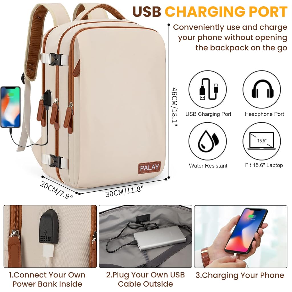 PALAY® Travel Laptop Backpack, 40L Double Layer 15.6 Inch Travel Laptop Backpack Fashion Beige Laptop Backpack Safe Anti-Theft Waterproof Oxford Cloth Laptop Backpack Travel Backpack with Shoe Bag