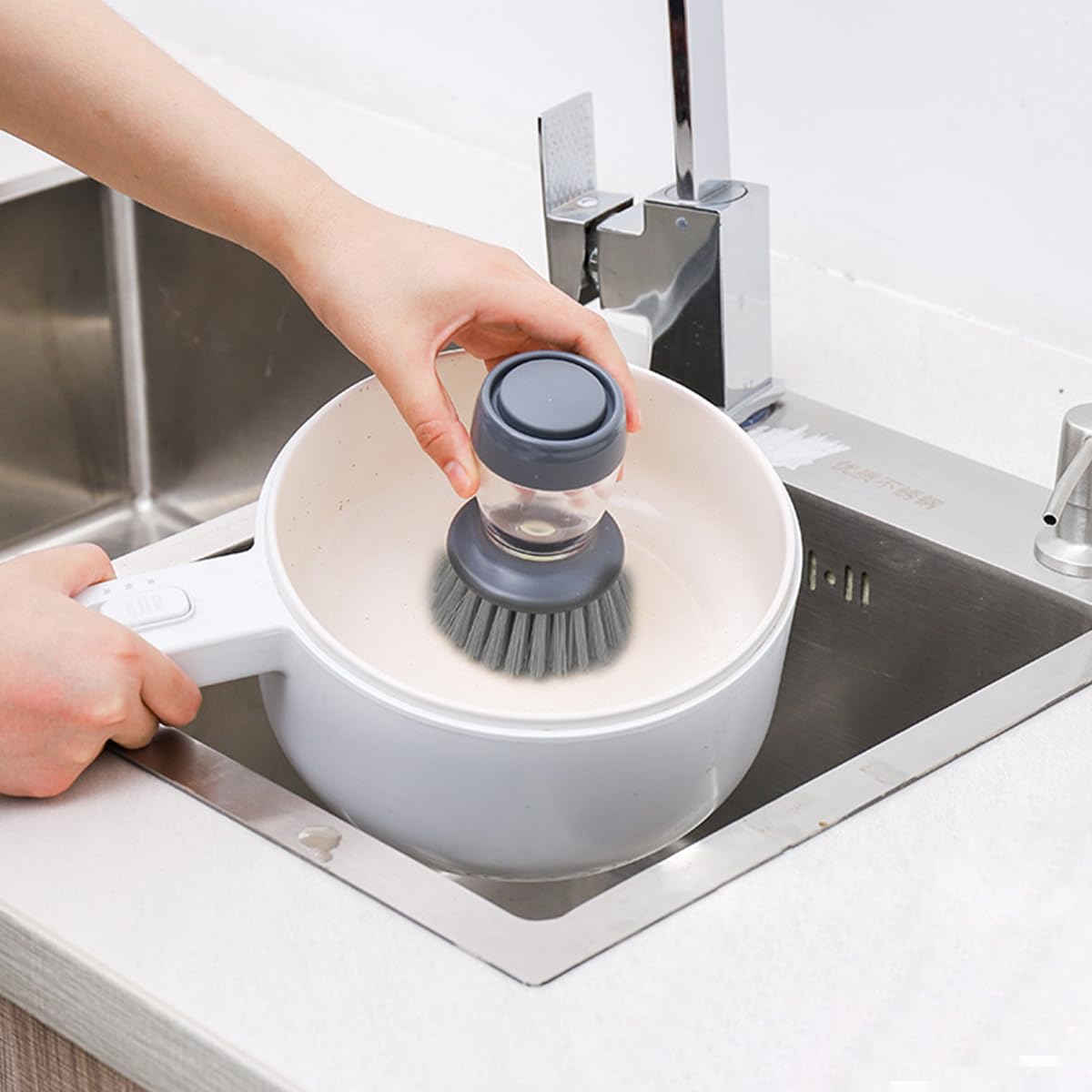 ZIBUYU Kitchen Pot Brush with Refillable Soap Dispenser and Drip Stand for Dishwashing