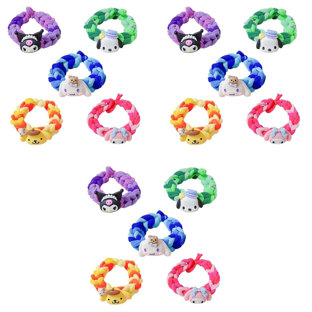 SANNIDHI Girls Hair Ties 15PCS with Two Color Woven Design featuring Kawaii Cartoon Characters | Cute Elastic Bracelets for Gifts