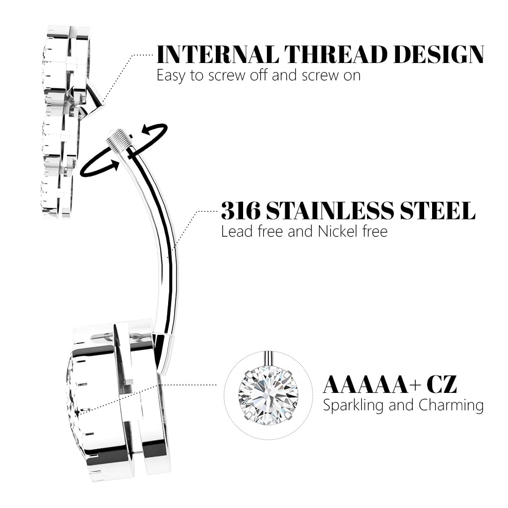 SANNIDHI Belly Button Rings for Women with Rhinestone Dangles and Stainless Steel Set of 5