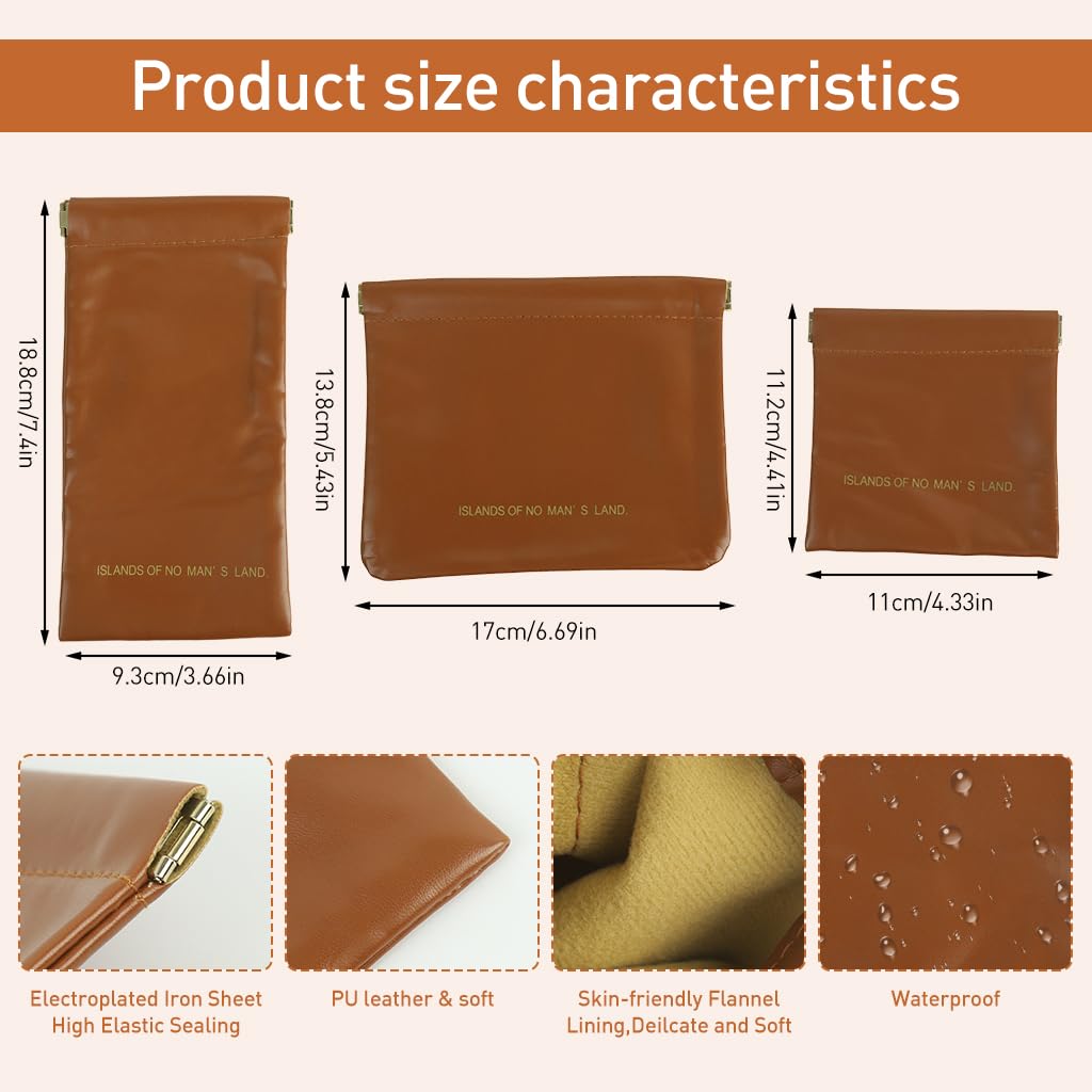 ZIBUYU Makeup Bags Set for Travel with No Zipper Self Closing Design | 3PCS PU Brown