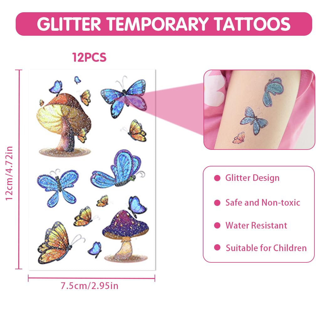 MAYCREATE® Tattoo Sticker for Girls 12 Sheets Kit, Butterfly Temporary Tattoo Stickers for Kids, Glittering Fairy Fake Tattoos, Waterproof Charming Makeup Body Arm Face Stickers