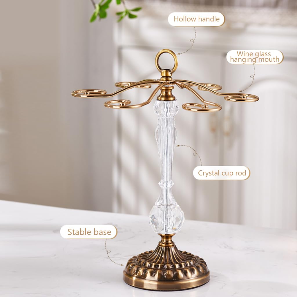 Supvox Metal Wine Glass Holder for 6 Goblets featuring Spiral Hooks and Crystal Pole | Gold Stainless Steel Countertop Rack 26x32 cm