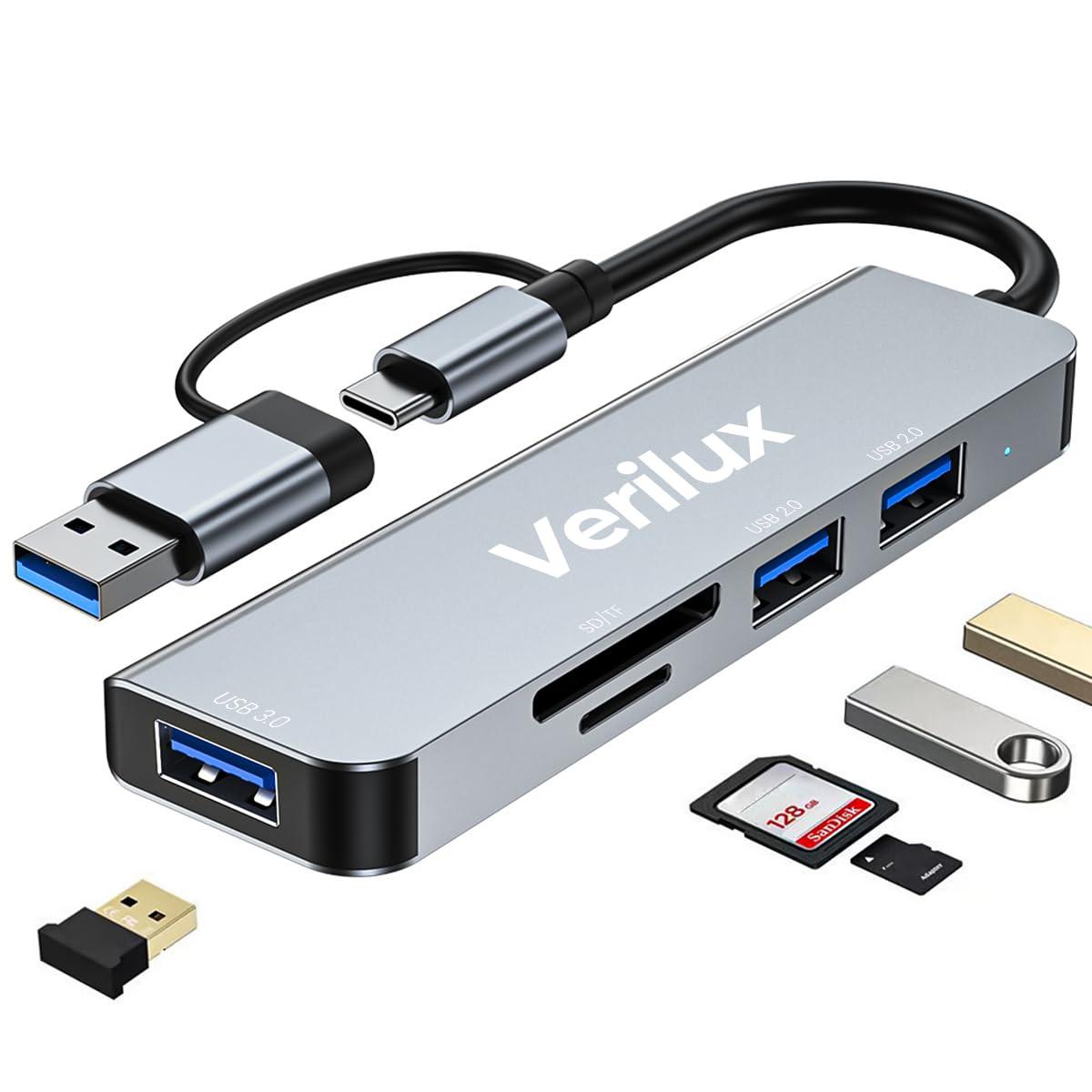 Verilux® USB HUB 5 in 1 Type C to USB Connector with 3 USB Ports, SD/Micro SD Card Reader USB Type C Hub for Laptop, MacBook Air/Pro M1/M2, iPad Pro, Chromebook, Pixelbook, Dell, PC, Samsung Galaxy