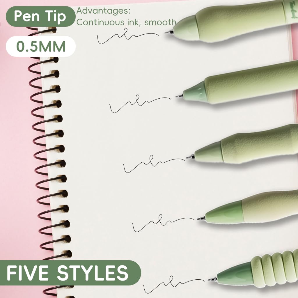 Zibuyu Click Pens for Students with Foam Grips and Quick Dry Ink | 5Pcs Green Set