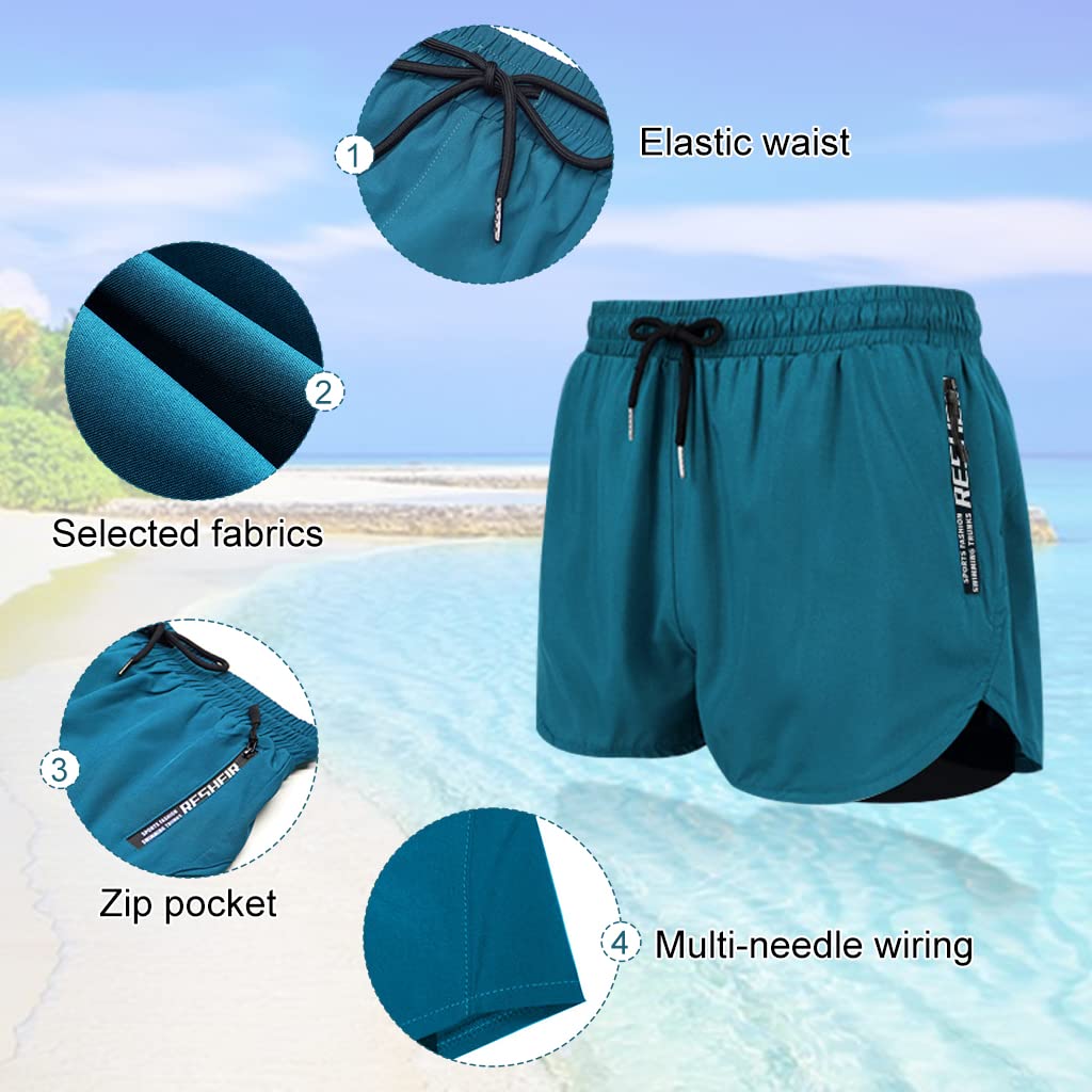 Proberos Swimming Trunk for Men with Double Layer Design and Zipper Pockets | Quick Dry Green Shorts XL